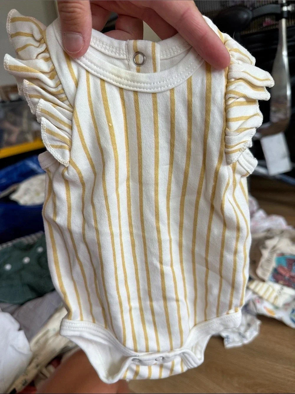 Striped Ruffle Sleeve Bodysuit White & Yellow